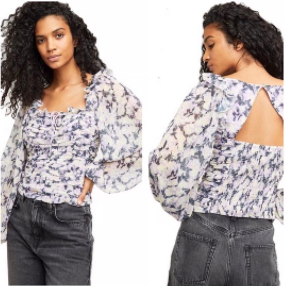 FREE PEOPLE BOHO LILAC PATTERN RUCHED SMOCKED PEASANT BLOUSE TOP SIZE SMALL - Picture 10 of 15